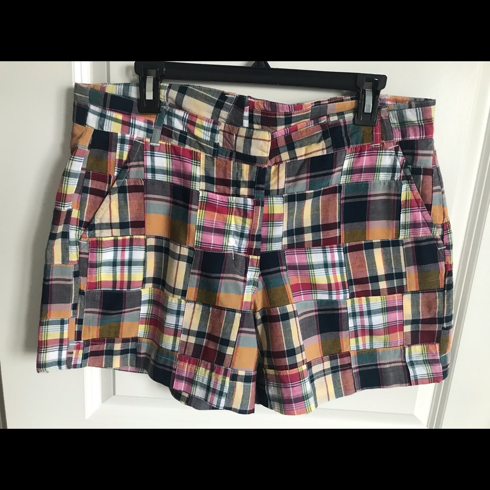 Garnet Hill Multicolor Plaid Patchwork Cotton Shorts - Pink, Yellow, Navy